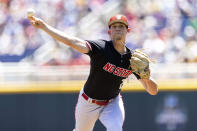 North Carolina State starting pitcher Reid Johnston (29) throws against Stanford in the first inning in the opening baseball game of the College World Series, Saturday, June 19, 2021, at TD Ameritrade Park in Omaha, Neb. (AP Photo/Rebecca S. Gratz)