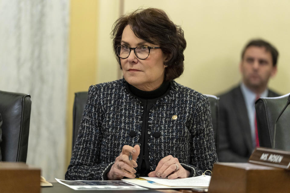 FILE - U.S. Sen. Jacky Rosen, D-Nev., listens during a hearing of the Senate Armed Services Subcommittee on Strategic Forces to examine United States Space Force programs in review of the Fiscal Year 2024 Defense Authorization Request, Tuesday, March 14, 2023, in Washington. Rosen, a Democrat from Nevada who steered a moderate path during her first term in the chamber, announced Wednesday, April 5, 2023, that she will seek reelection in the perennial battleground state. (AP Photo/Alex Brandon, File)