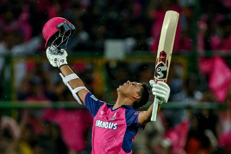 Yashasvi Jaiswal celebrates after scoring a century (100 runs) (Arun SANKAR)