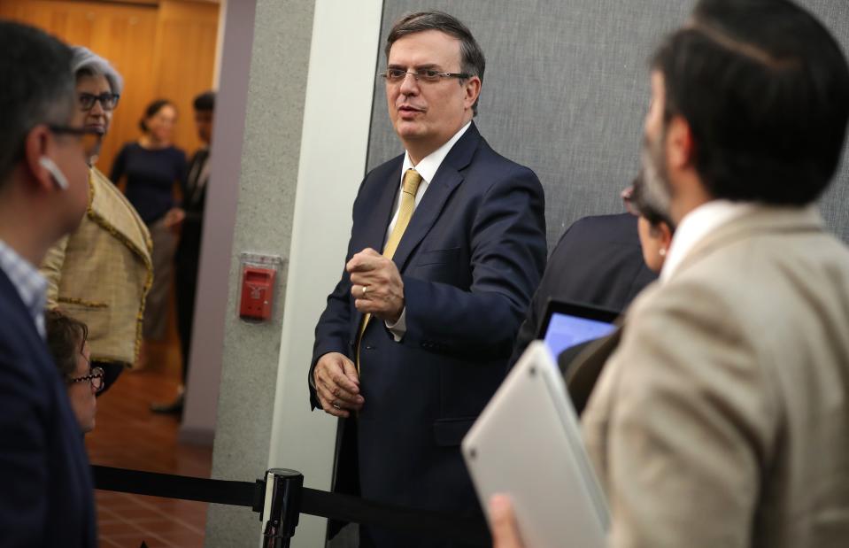 Mexican Foreign Affairs Secretary Marcelo Ebrard talks to reporters at the conclusion of a news conference at the Mexican Embassy following talks with U.S. Vice President Mike Pence and Secretary of State Mike Pompeo June 05, 2019 in Washington, DC. Leaders from Mexico and the United States are holding emergency meetings following President Donald Trump's threat to impose a 5-percent tariff on all imports to the United States if Mexico does not do more to restrict migrants from Central America from coming to the U.S.