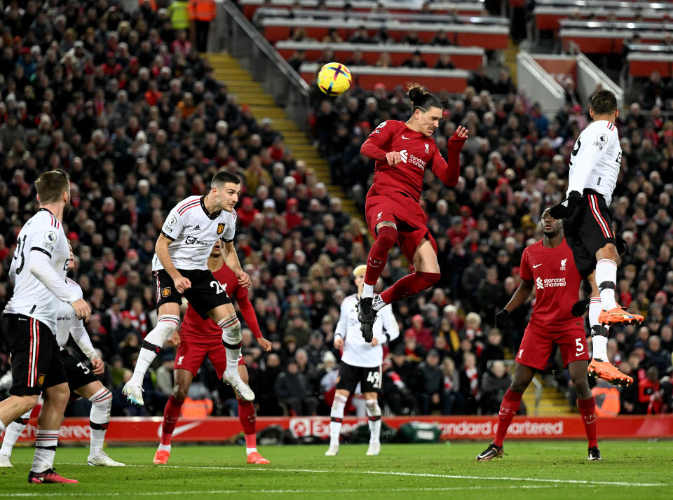 LIVERPOOL, ENGLAND - MARCH 05: (THE SUN OUT, THE SUN ON SUNDAY OUT) Darwin Nunez of Liverpool scoring the fifth goal making the score 5-0 during the Premier League match between Liverpool FC and Manchester United at Anfield on March 05, 2023 in Liverpool, England. (Photo by Andrew Powell/Liverpool FC via Getty Images)