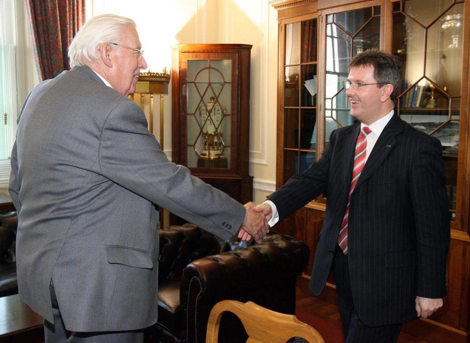 Jeffrey Donaldson (right) with the late DUP founder Ian Paisley at Parliament Buildings (Paul Faith/PA) (PA Archive)