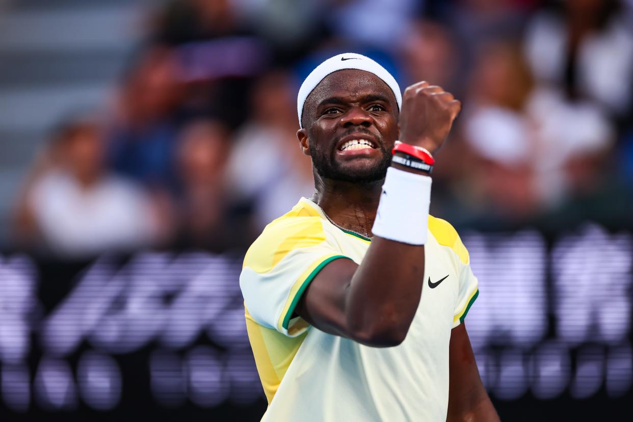 Jan 17, 2024; Melbourne, Victoria, Australia; Frances Tiafoe of the United States wins a point against Tomas Machac (not pictured) of Czechia in Round 2 of the Men's Singles on Day 4 of the Australian Open tennis at Kia Arena. Mandatory Credit: Mike Frey-USA TODAY Sports