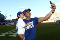 <p>Actor Mario Lopez takes a selfie on the field prior to Game 1 of the 2017 World Series between the Houston Astros and the Los Angeles Dodgers at Dodger Stadium on Tuesday, October 24, 2017 in Los Angeles, California. (Photo by Alex Trautwig/MLB Photos via Getty Images) </p>