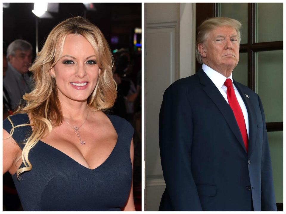 A split image of adult actress Stormy Daniels (left) and former President Donald Trump (right).