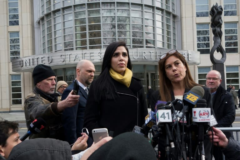 Emma Coronel Aispuro (L), the wife of Joaquin "El Chapo" Guzman, listens as his attorney Michelle Gelernt talks to the press outside the US Federal Courthouse in Brooklyn, New York