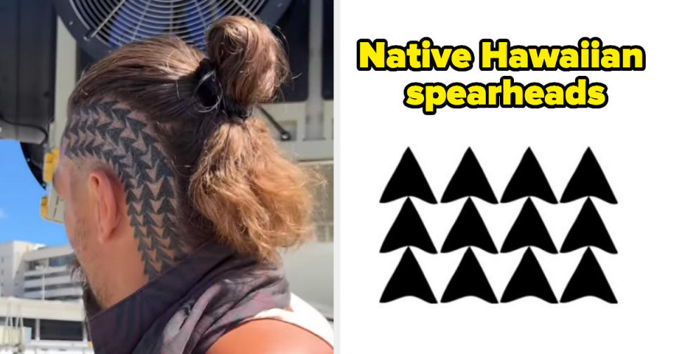 Jason's head tattoo next to an image of Native Hawaiian spearheads; the designs are similar