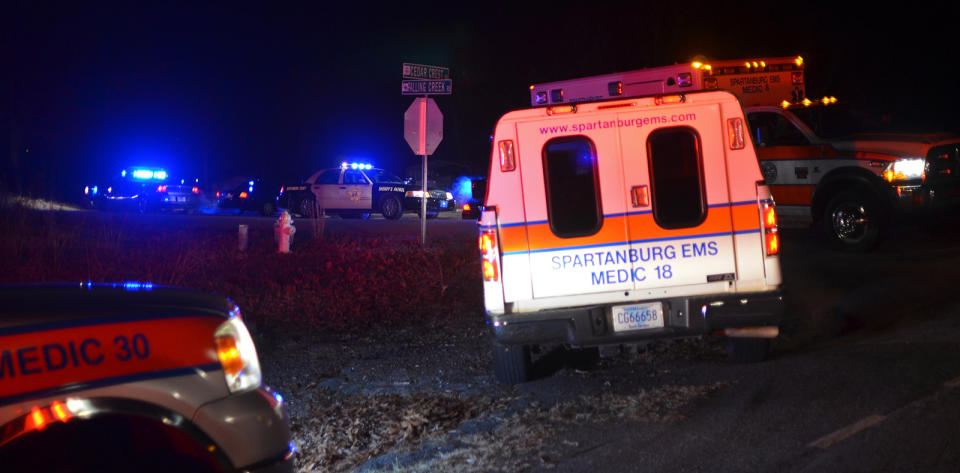 Emergency crews are on the scene of a train derailment in Spartanburg County, S.C. after midnight Monday morning, Nov. 25, 2013. Several cars of the New York City-bound Amtrak Crescent with 218 people aboard went off the tracks early Monday as bags flew and jolted passengers clung to each other, authorities and passengers said. (AP Photo/The Spartanburg Herald-Journal, Tim Kimzey)