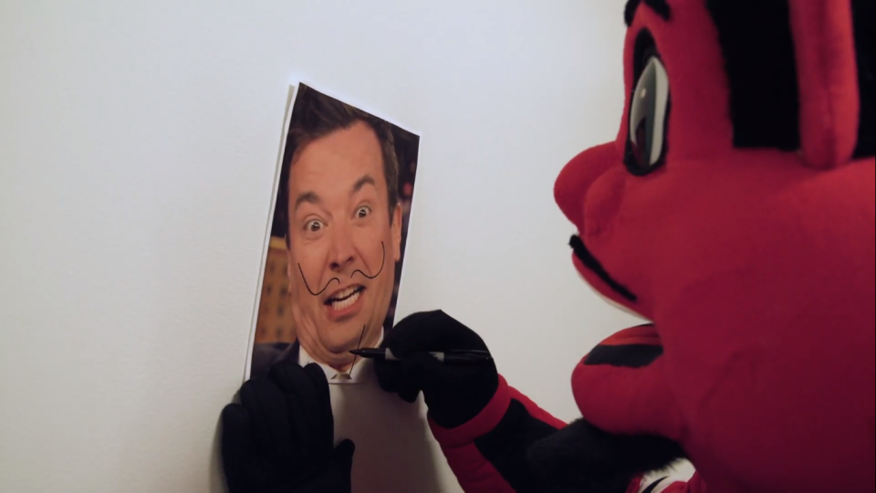 New Jersey Devils mascot, NJ Devil, is ready to throw a pie in the face of Jimmy Fallon. (YouTube/New Jersey Devils)