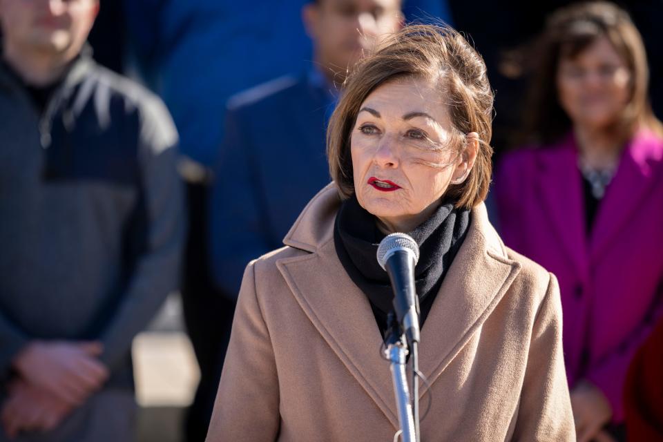 Gov. Kim Reynolds speaks at the launch of IowaÕs first mobile workforce center outside of the Iowa State Capitol building, Thursday, Feb. 29, 2024.