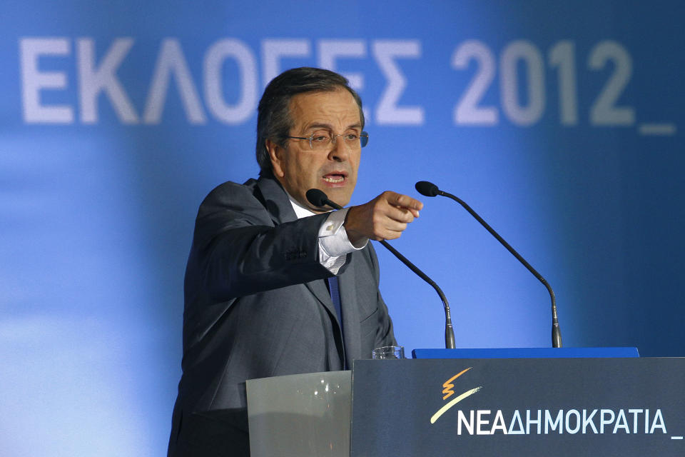 Leader of the conservative New Democracy party Antonis Samaras speaks to his supporters during an election rally at Syntagma square in Athens, Friday, June 15, 2012. Greeks cast their ballots this Sunday for the second time in six weeks, after May 6 elections left no party with enough seats in Parliament to form a government and coalition talks collapsed. (AP Photo/Petros Karadjias)