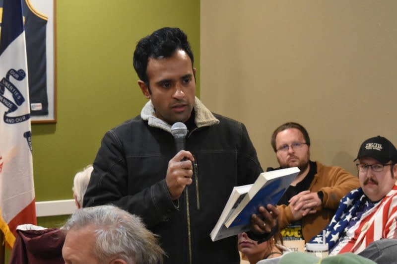 Entrepreneur and candidate for the Republican presidential nomination Vivek Ramaswamy takes questions at a town hall in Oskaloosa, Iowa, on Friday. Photo by Joe Fisher/UPI