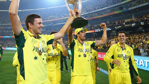 Hazlewood, Starc and Cummins at the 2015 World Cup. Image: Getty