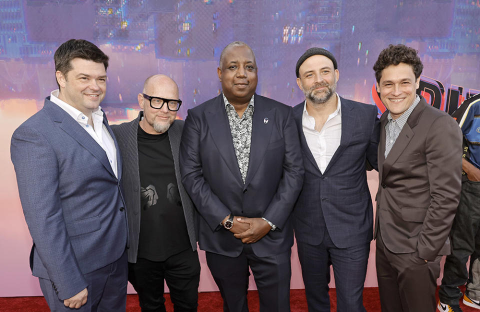 (L-R) Justin K. Thompson, Kemp Powers, Joaquim Dos Santos and Phil Lord attend the world premiere of "Spider-Man: Across The Spider-Verse" at Regency Village Theatre on May 30, 2023 in Los Angeles, California.