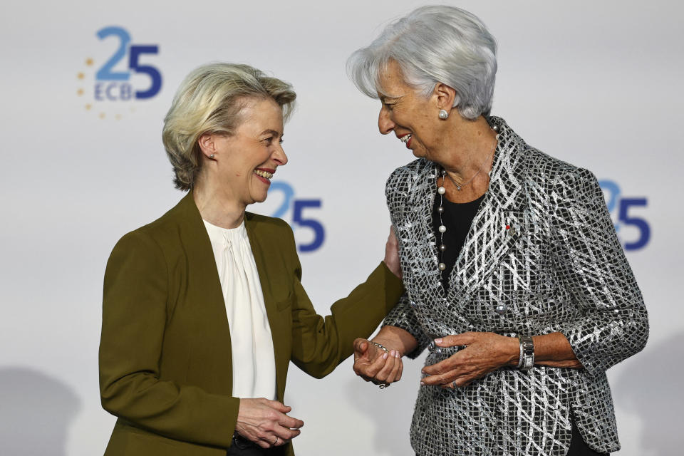 FILE - European Central Bank president Christine Lagarde, right, welcomes President of the European Commission Ursula von der Leyen at the ECB in Frankfurt, Germany, Wednesday May 24, 2023. The Fed may have hit 'pause' on interest rates hikes but Europe's central bank still has its finger on 'fast forward' with inflation still plaguing consumers with higher prices for everything from groceries to summer vacation travel. The question at Thursday's meeting of the European Central Bank is, for how much longer its rapid series of rate increases will go on. (AP Photo/Michael Probst, File) (Kai Pfaffenbach/Pool via AP, File)