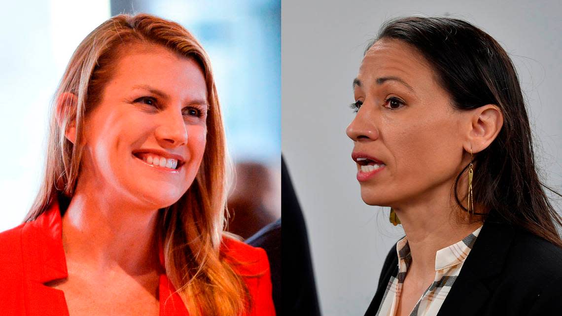 Republican Amanda Adkins, left, will have a chance to challenge the seat Democrat U.S. Rep. Sharice Davids holds in the Kansas 3rd District if Adkins wins her primary race with John McCaughrean, not pictured.