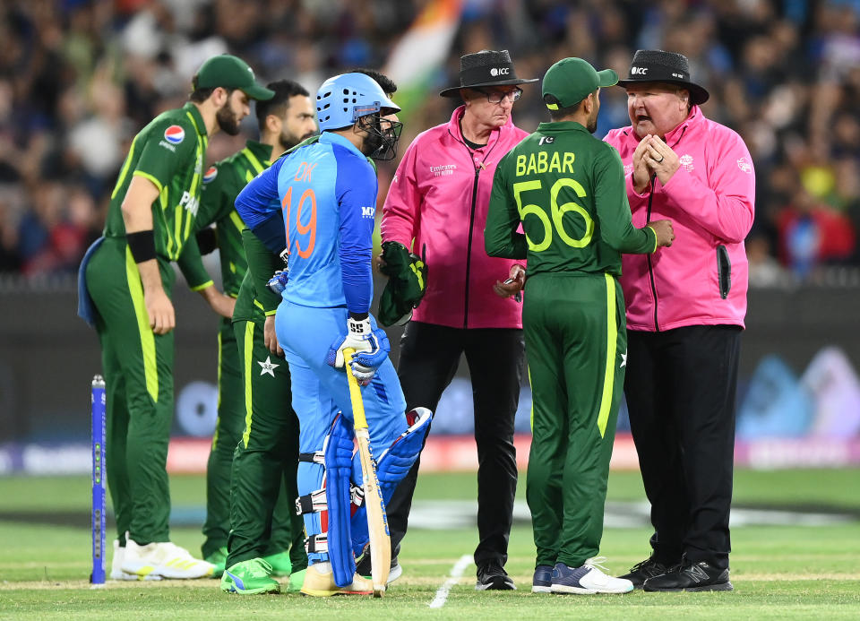 Babar Azam, pictured here remonstrating with the umpires during Pakistan's loss to India at the T20 World Cup.