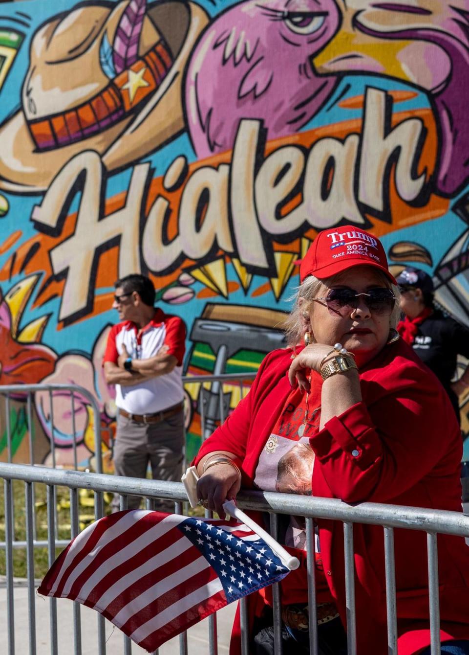 Marlen Alvarez, from Pembroke Pines, waits patiently under the hot sun to get into the Trump rally in Hialeah, on Wednesday, November 8, 2023. On the night of the RNC debate in Miami, former President Donald Trump will hold a rally in Hialeah. Jose A. Iglesias/jiglesias@elnuevoherald.com