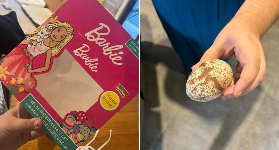 Left, the Barbie Easter egg wrapper. Right, an easter egg bought from Kmart covered in a white, chalky substance. 