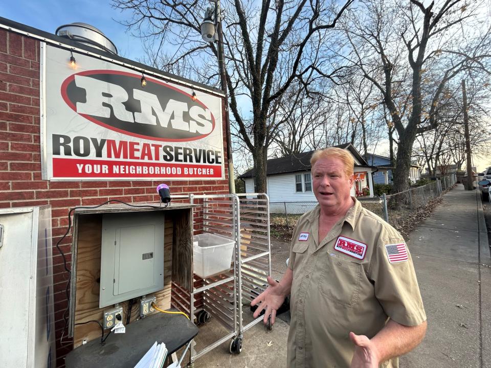 Owner Jeff Roy speaks outside Roy Meat Service in Nashville, Tenn., on Dec. 7, 2023.