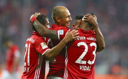 Football Soccer - Bayern Munich v Hertha BSC Berlin - German Bundesliga - Allianz -Arena, Munich, Germany - 21/09/16 Bayern Munich's Arjen Robben reacts after scoring a goal REUTERS/Michael Dalder