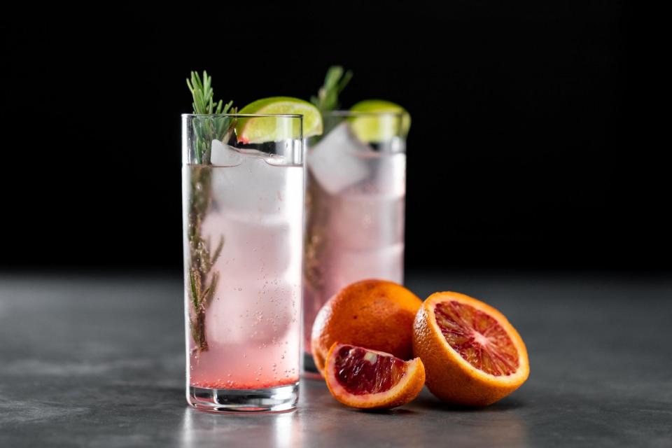 Skullcap herbal mocktail with rosemary and blood orange.