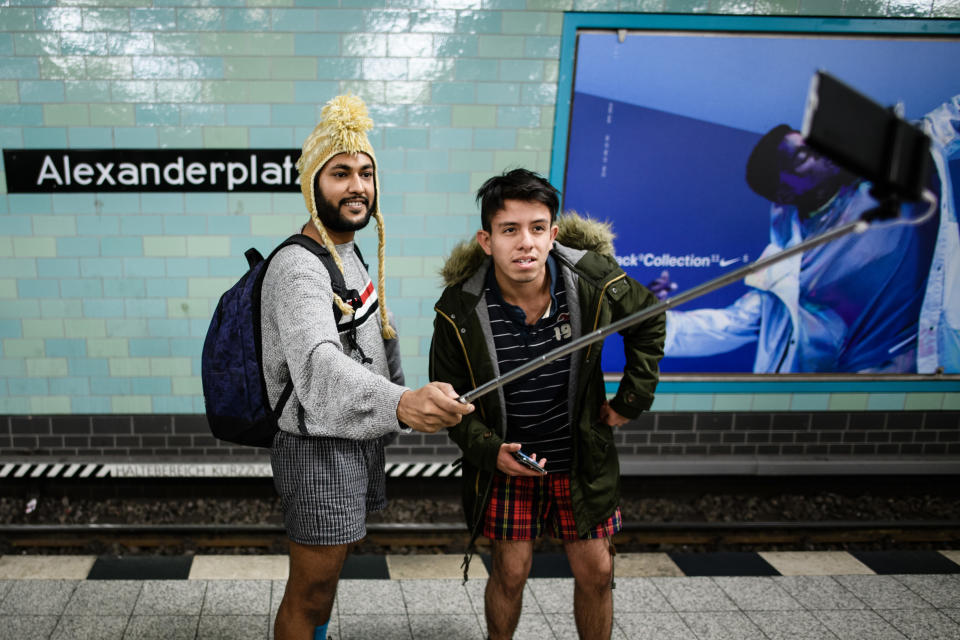 Participants take a selfie during the No Pants Subway Ride in Berlin on Jan. 13. (Photo: Clemens Bilan/EPA-EFE/REX/Shutterstock)