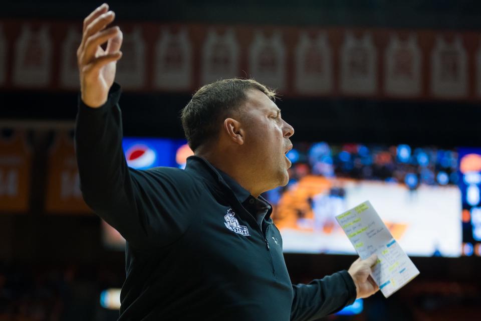 NMSU head basketball coach Greg Heiar reacts at a game against NMSU on Saturday, Nov. 12, 2022, at the Don Haskins Center in El Paso, Texas.