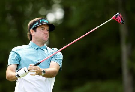 Jun 26, 2015; Cromwell, CT, USA; Bubba Watson hits his tee shot on the 14th hole in the second round at TPC River Highlands. Mandatory Credit: David Butler II-USA TODAY Sports