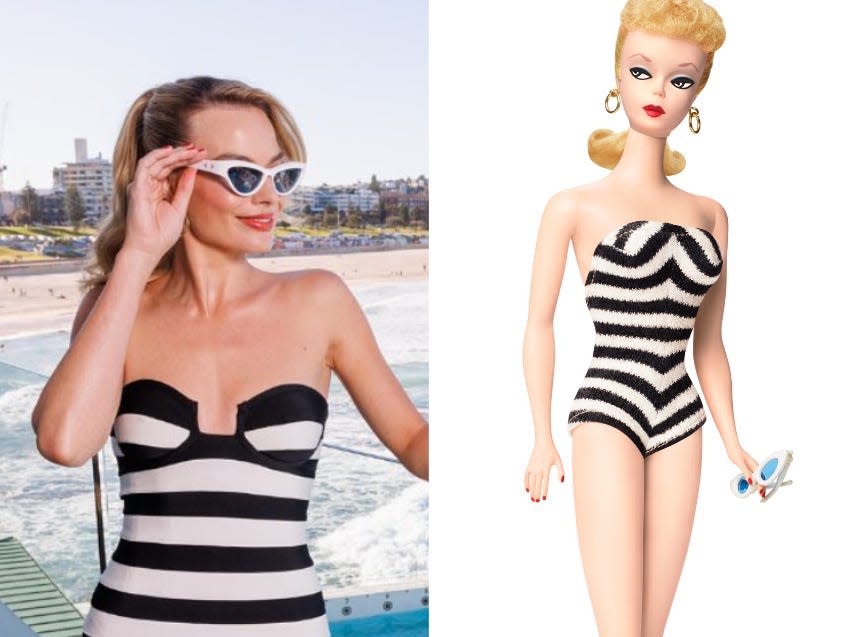 A composite of Margot Robbie wearing a black and white strapless dress with a pair of white sunglasses next an image of the first Barbie doll, which is wearing a similar outfit, and Margot Robbie sitting in a chair while wearing a pink jumper.