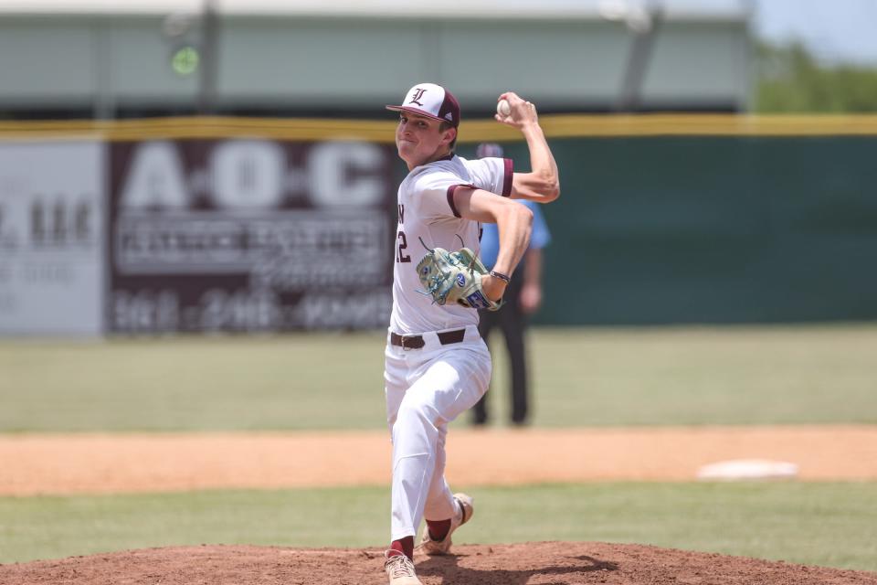 London's Blayne Lyne pitches against Santa Gertrudis Academy during the Region IV-3A final series at Calallen High School on Saturday, June 3, 2023, in Corpus Christi, Texas.