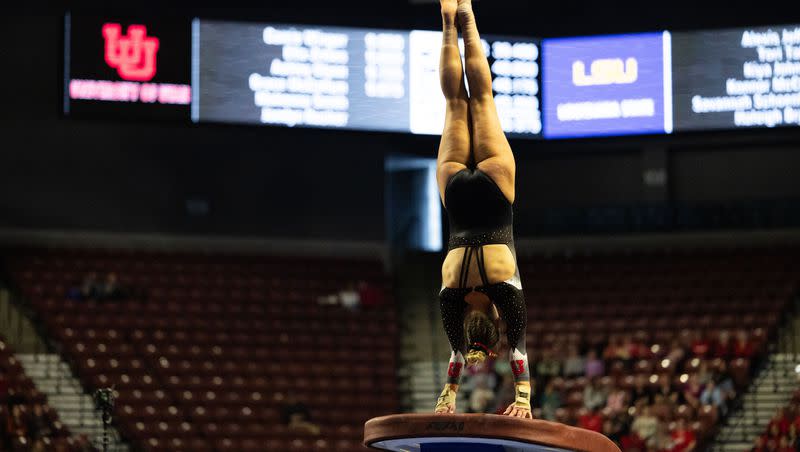 Utah Utes Makenna Smith competes on vault during the Sprouts Farmers Market Collegiate Quads at Maverik Center in West Valley on Saturday, Jan. 13, 2024. Utah hosts Oregon State Friday night at the Huntsman Center.