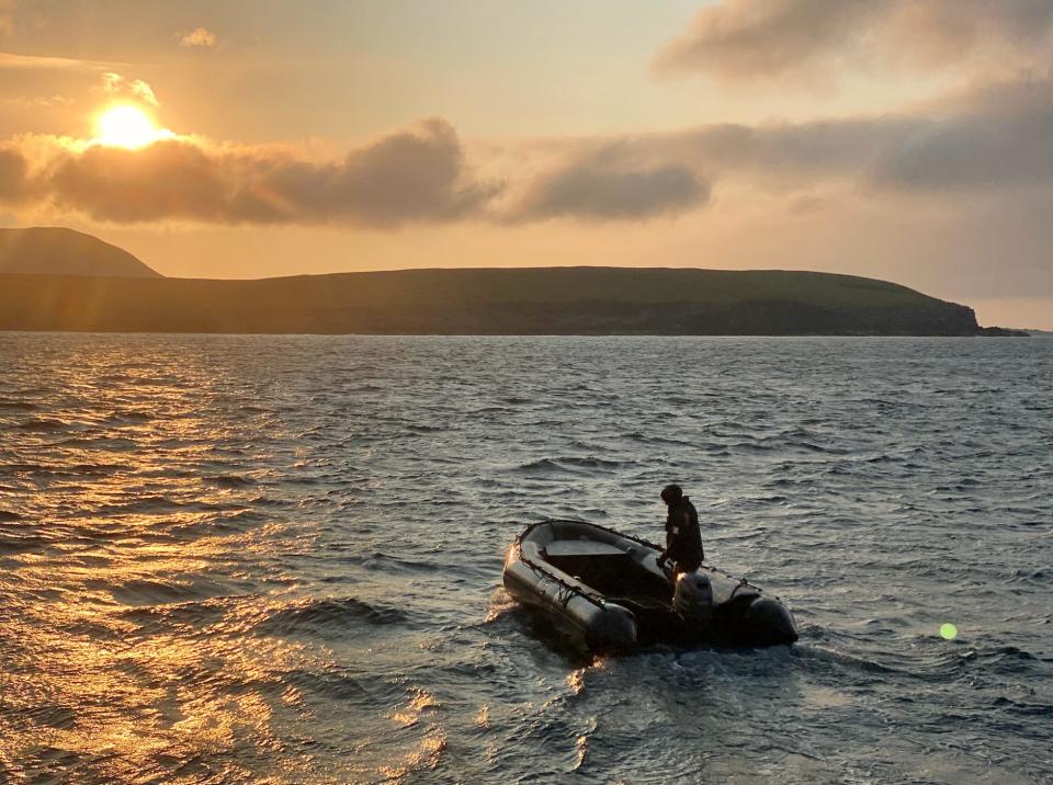 A zodiac boat after dropping off passengers from a Summer Solstice sunset tour in Scotland.