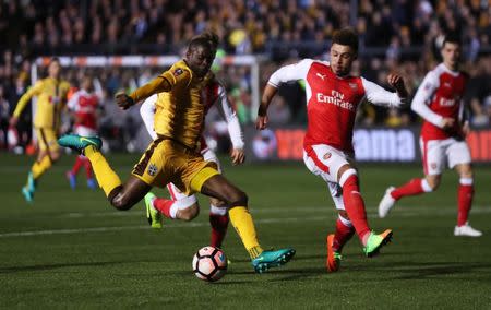 Britain Football Soccer - Sutton United v Arsenal - FA Cup Fifth Round - The Borough Sports Ground - 20/2/17 Sutton United's Bedsente Gomis misses a chance to score. Reuters / Eddie Keogh Livepic