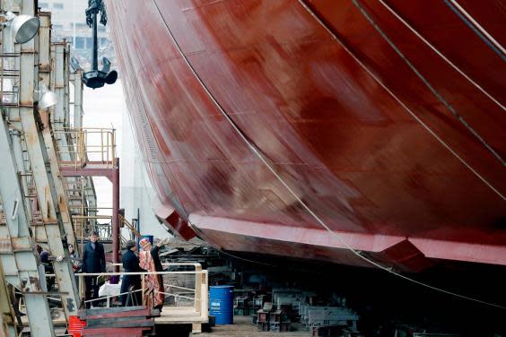 An Orthodox priest blesses the new Russian icebreaker ‘Project 22220’, ‘Ural’, the world’s largest universal nuclear-powered vessel (EPA)