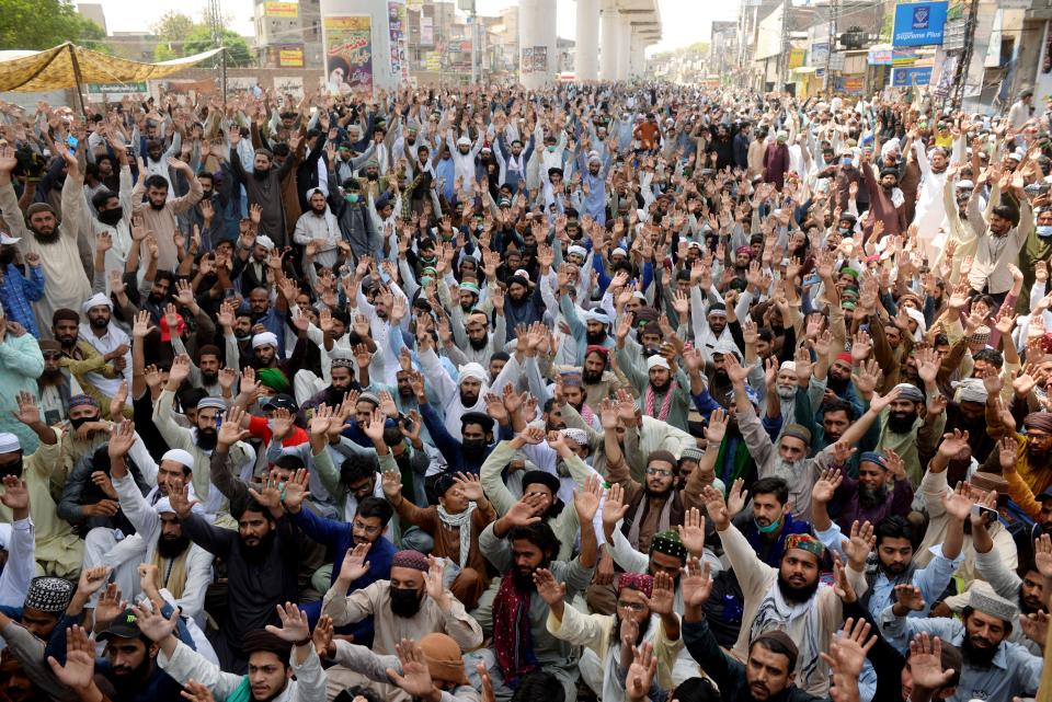 Supporters of the banned Islamist political party Tehrik-e-Labaik Pakistan (TLP) chant slogans during a protest in LahoreREUTERS