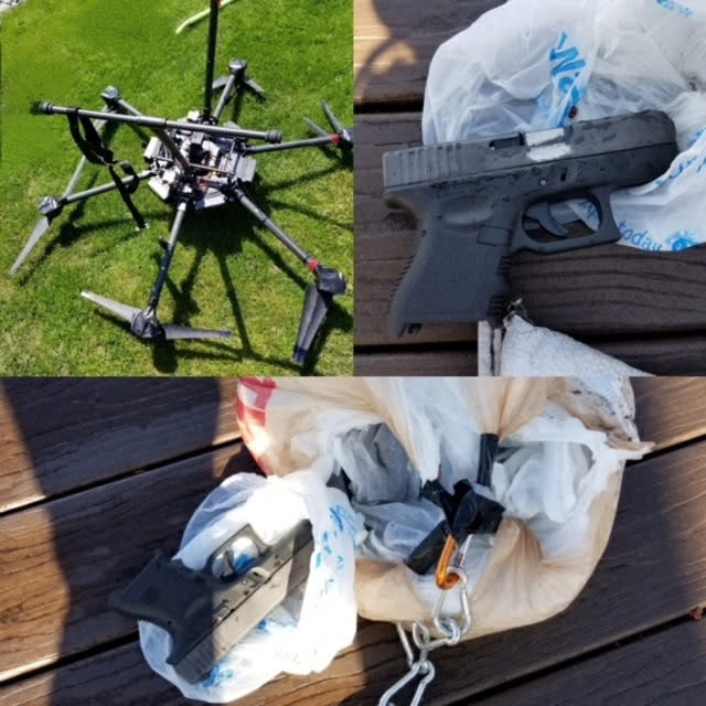 A combination handout photo shows a drone and a couple of the 11 handguns which the drone was carrying, after it was found in a tree in a backyard near Port Lambton, Ontario