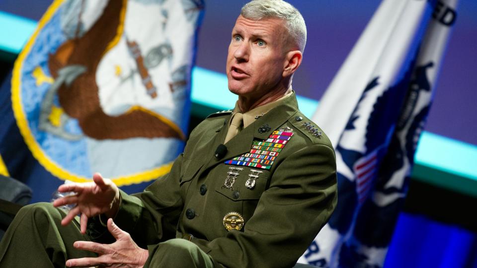 Assistant Commandant of the Marine Corps Gen. Eric Smith speaks onstage at the Sea-Air-Space conference in National Harbor, Maryland, on April 4. (Colin Demarest/C4ISRNET)