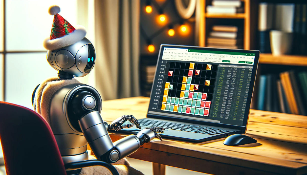  Robot playing Tetris within a piece of spreadsheet software similar to Microsoft Excel. 
