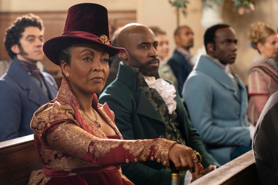 Adjoa Andoh as Lady Agatha Danbury and Daniel Francis as Lord Anderson on season three, episode six of "Bridgerton."