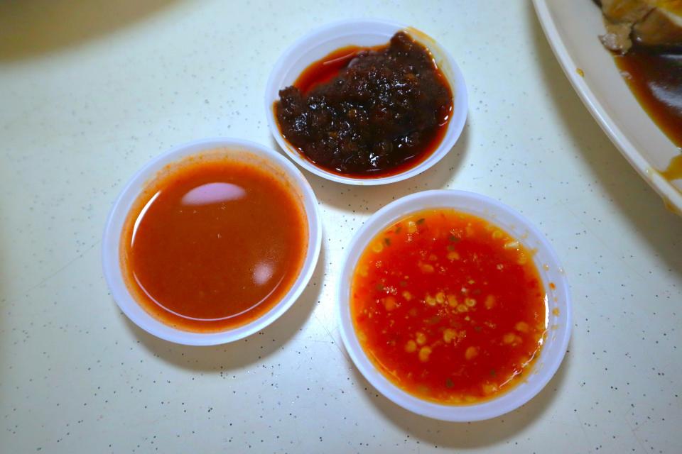 best-rated duck rice - sauces closeup