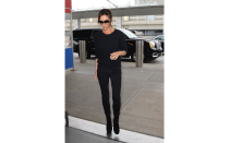 <p>Even Victoria has to travel comfortably, but that doesn't mean she looks any less chic. She still looked stunning in a simple all-black ensemble, complete with her signature shades.</p>