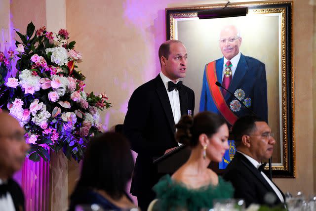 Toby Melville - Pool/Getty Prince William makes his speech in Jamaica, with Prime Minister Andrew Holness and Princess Kate listeninginister