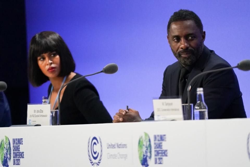 Actor Idris Elba and his wife Sabrina Elba speak to promote action for greener, fairer and more sustainable food systems on day seven of COP26 at SECC on November 06, 2021 in Glasgow, Scotland. (Photo by Ian Forsyth/Getty Images)