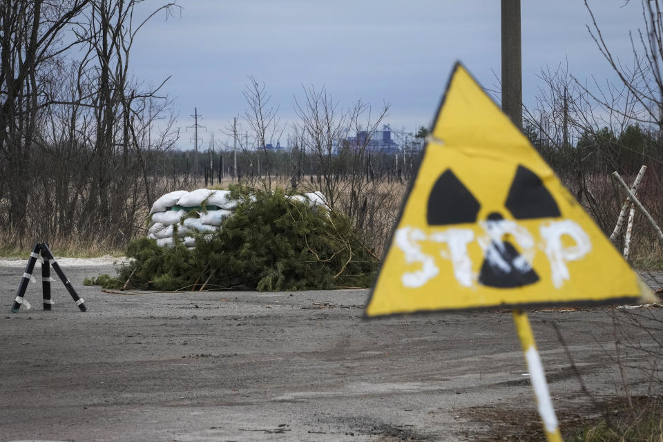 A Russian firing position sits adjacent to the Chernobyl nuclear power plant near Chernobyl, Ukraine, Saturday, April 16, 2022. Thousands of tanks and troops rumbled into the forested Chernobyl exclusion zone in the earliest hours of Russia’s invasion of Ukraine in February, churning up highly contaminated soil from the site of the 1986 accident that was the world's worst nuclear disaster. (AP Photo/Efrem Lukatsky)