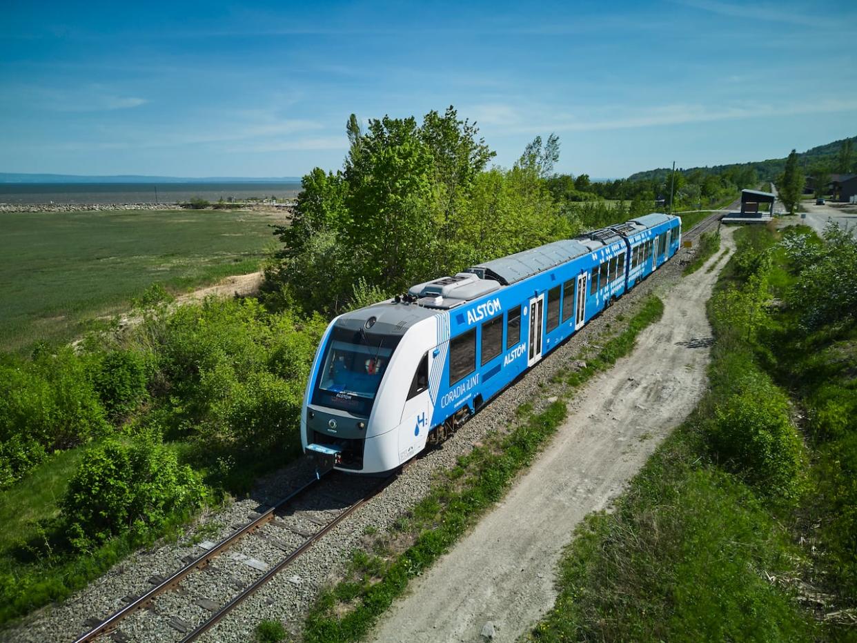 North America's first hydrogen-powered passenger train made its debut this month on a route from Quebec City to Baie-Saint-Paul. (Alstom - image credit)