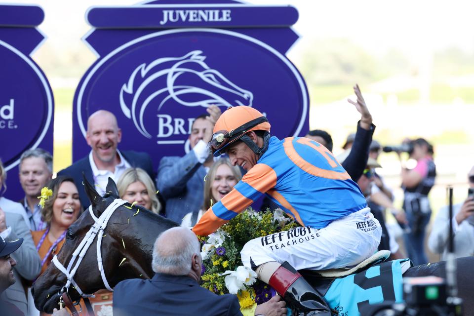 Fierceness (9), with jockey John Velazquez up, is congratulated after winning the BREEDERS' CUP JUVENILE during the 2023 Breeders' Cup World Championships at Santa Anita Park.rts