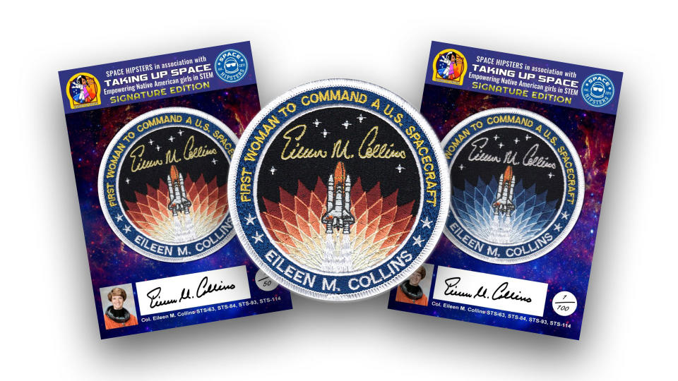 three circular patches showing a space shuttle launching and indicating the name 