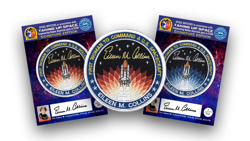 Three circular patches depicting and bearing the name of a space shuttle launch 