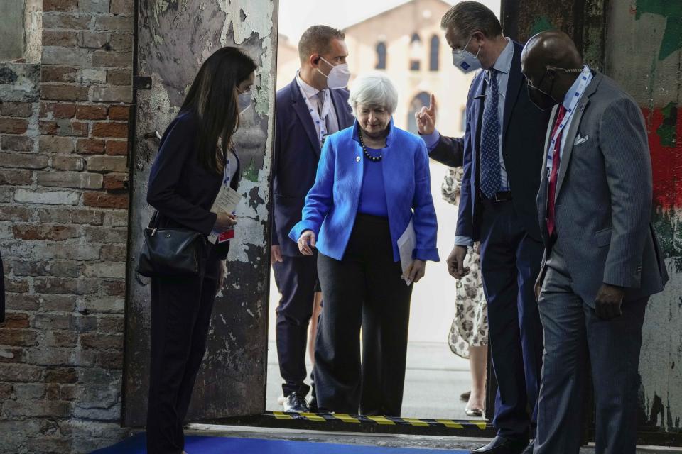 United States Secretary of the Treasury Janet Yellen arrives to attend a press conference at a G20 Economy and Finance ministers and Central bank governors' meeting in Venice, Italy, Sunday, July 11, 2021. (AP Photo/Luca Bruno)